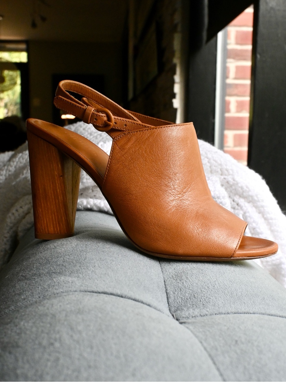 Vince Cognac Leather Peep-Toe Slingback Block Heel Sandal